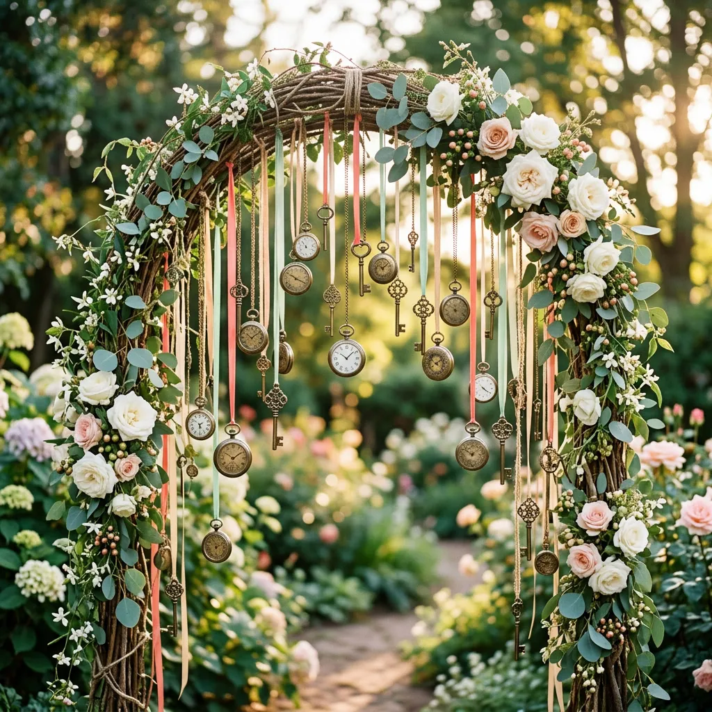 Arco decorativo de relojes de bolsillo y llaves antiguas con rosas blancas y blush