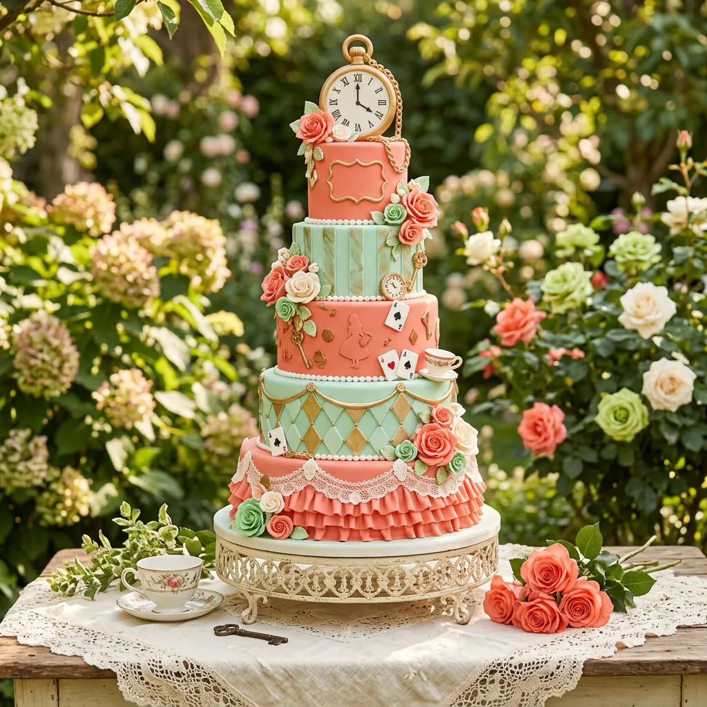 Torta de 15 temática Alicia con pisos coral y menta, naipes y un reloj de azúcar
