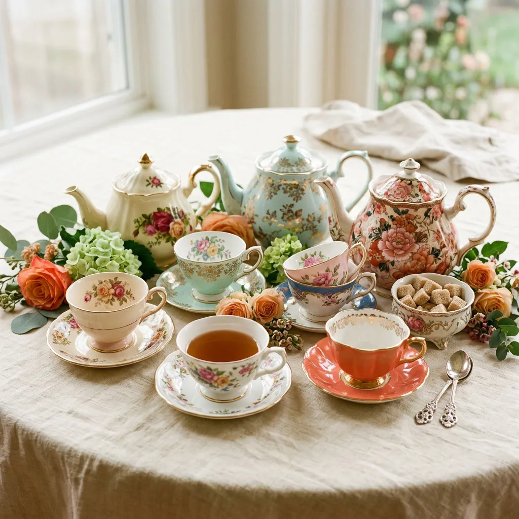 Set de tazas y teteras vintage dispares sobre mantel crema con detalles coral y menta