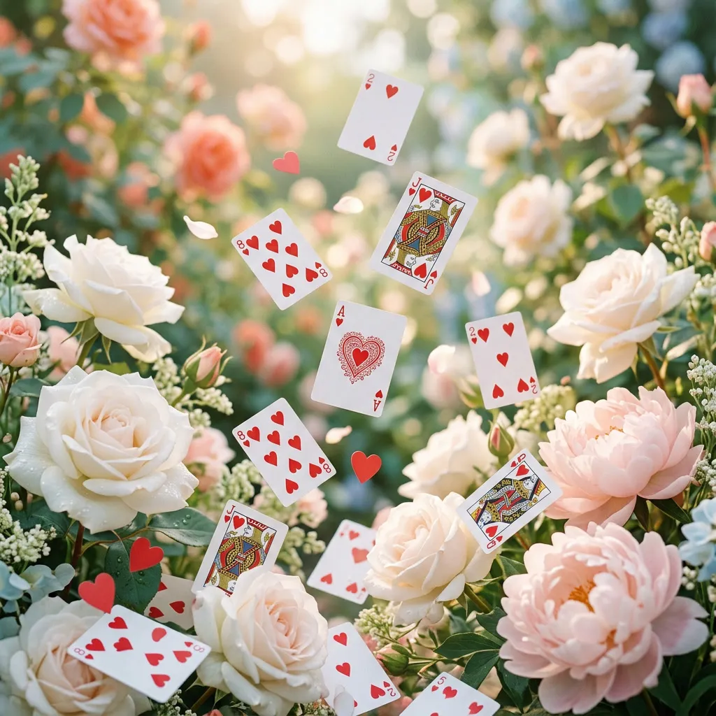 Naipes de corazones rojos y blancos flotando entre rosas blancas y peonías blush