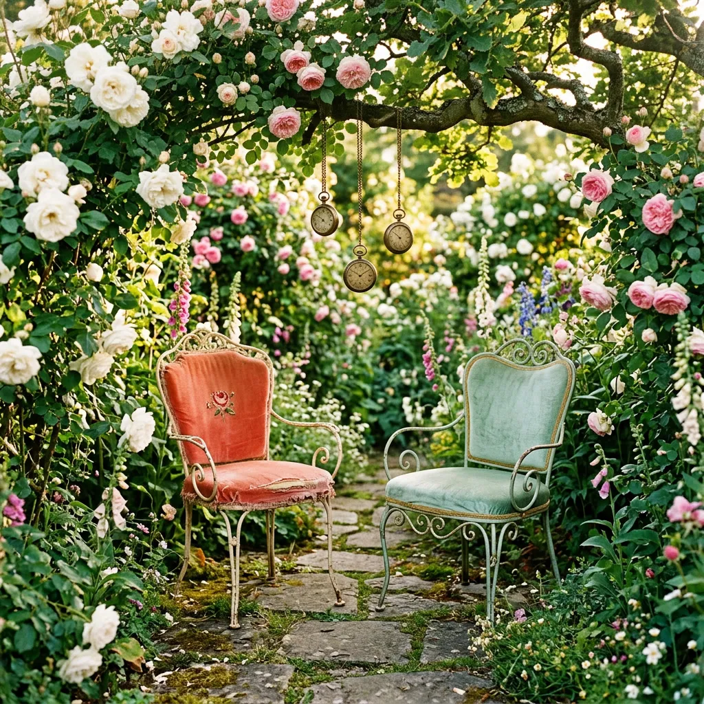 Sillas vintage tapizadas en terciopelo coral y menta en un jardín mágico con rosas