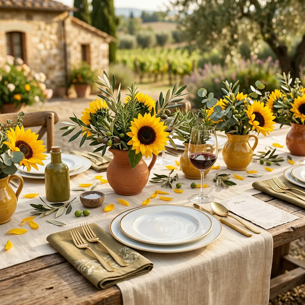 Mesa toscana con mantel de lino crema, cubiertos dorados y jarrones con girasoles y ramas de oliva