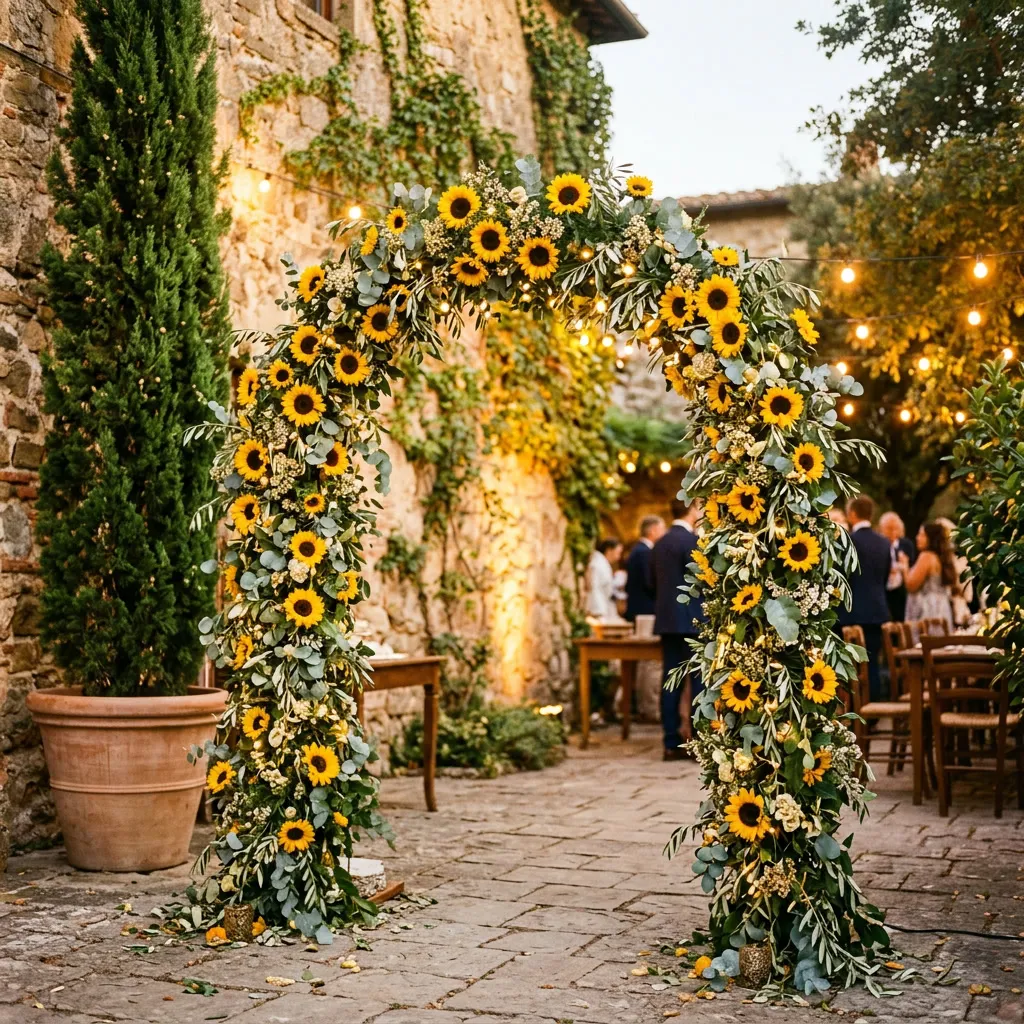 Arco floral de girasoles, eucalipto y ramas de oliva sobre un portón de madera entre cipreses