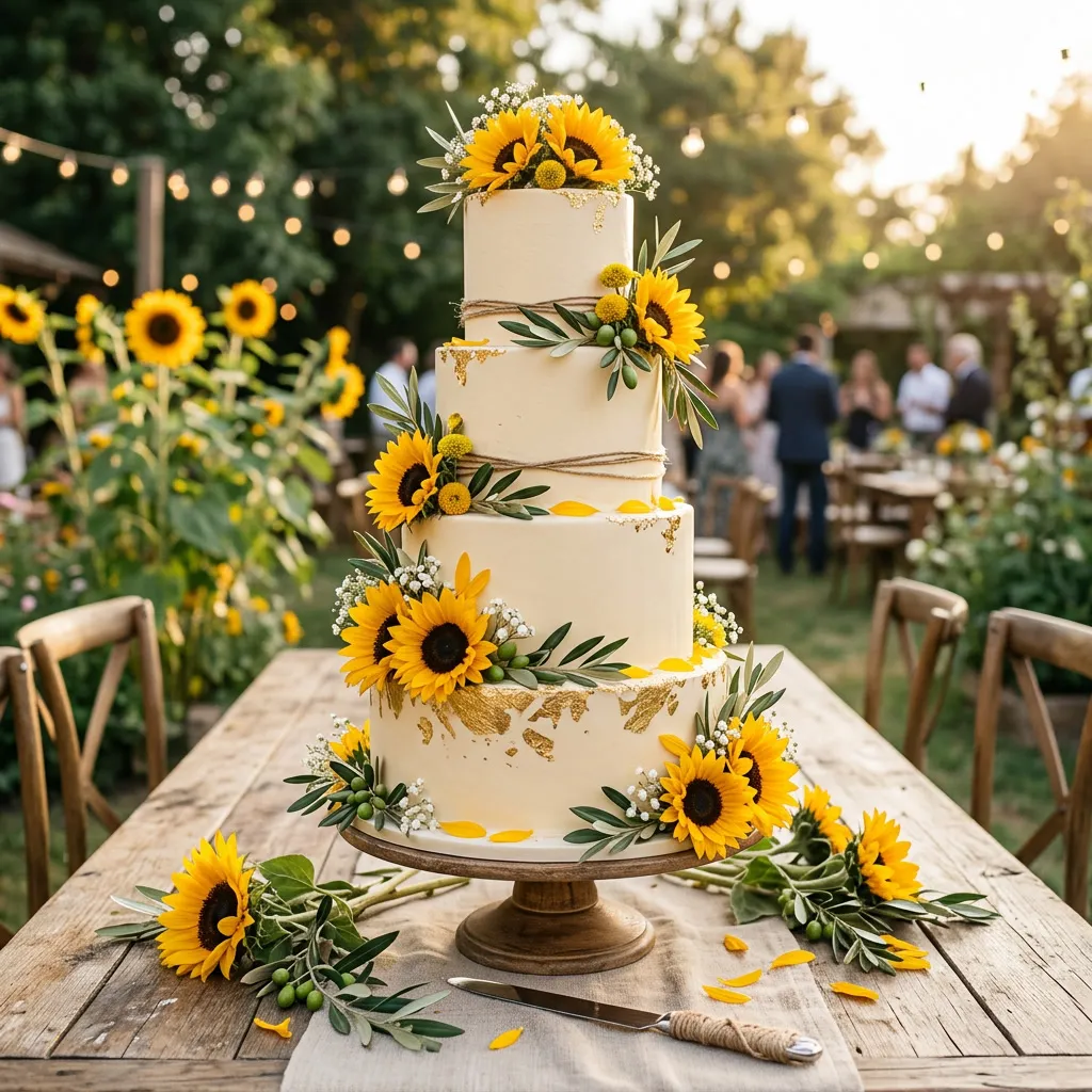 Torta de 15 de varios pisos decorada con girasoles frescos y detalles de pan de oro sobre fondant crema