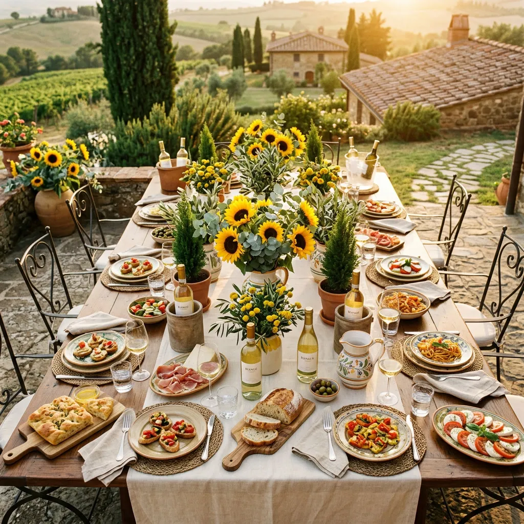 Vista aérea de una mesa larga toscana al aire libre entre girasoles y cipreses, con vino blanco y girasoles
