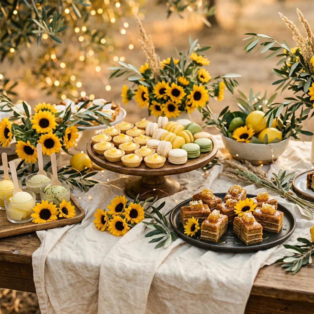 Mesa dulce con tarteletas de limón, tortas de miel y macarons entre girasoles y ramas de oliva