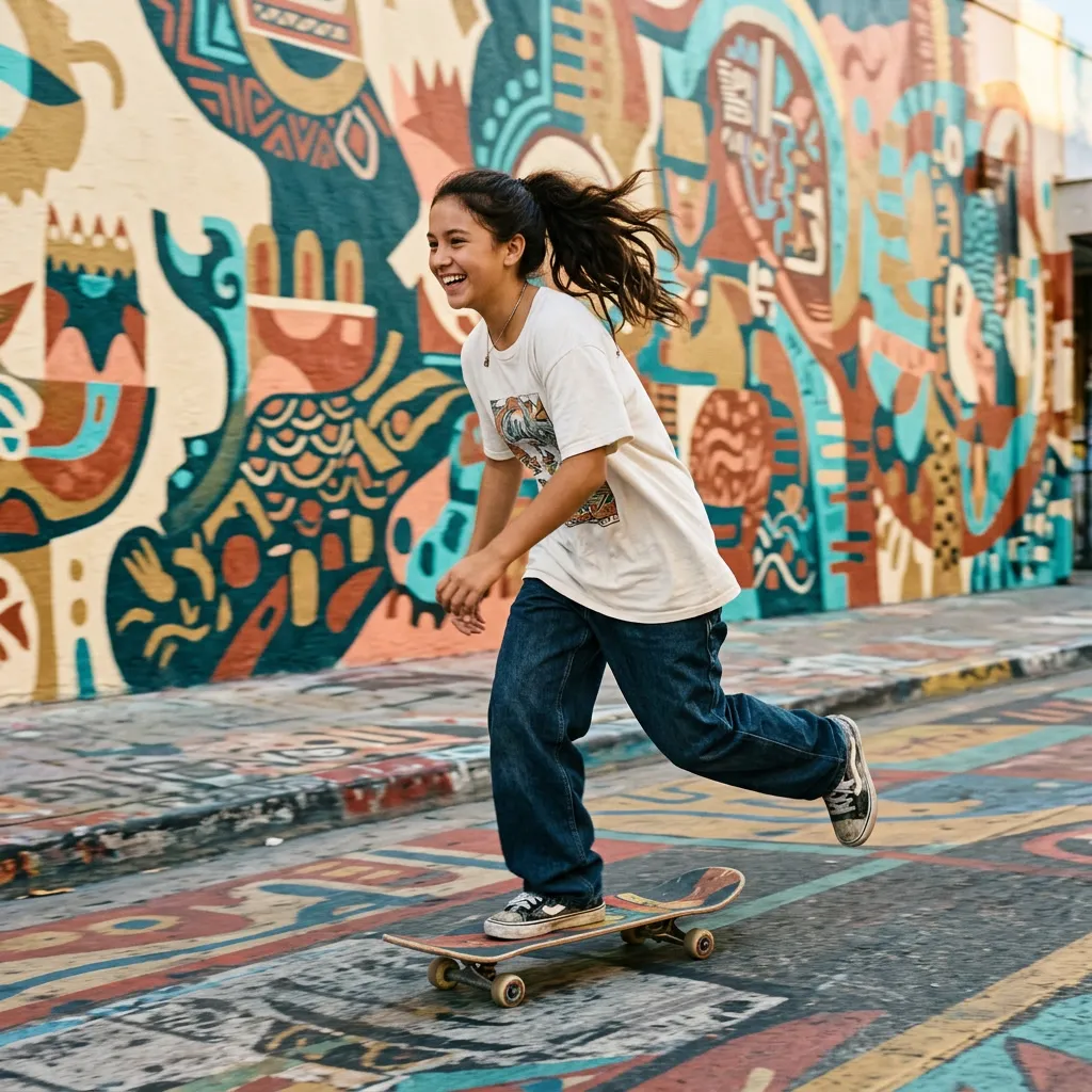 Quinceañera andando en skate por una calle soleada con murales de fondo