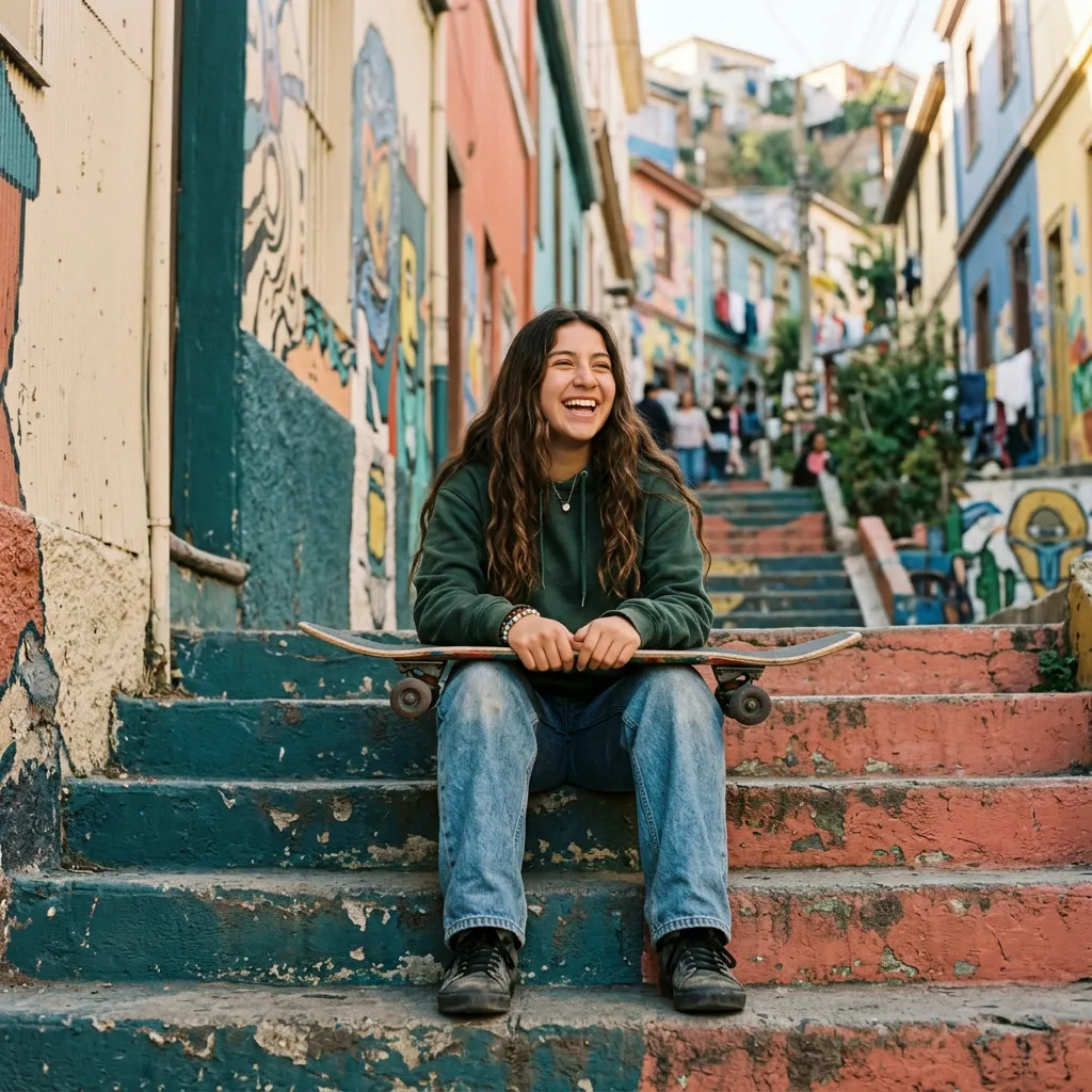 Quinceañera sentada en escaleras pintadas de un cerro, riendo con el skate en las piernas