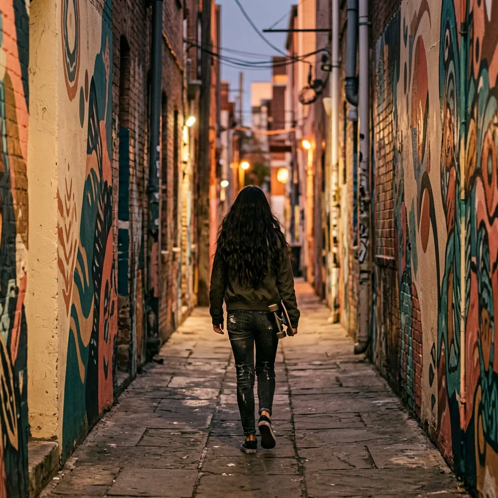 Quinceañera caminando de espaldas por un pasaje angosto lleno de graffitis
