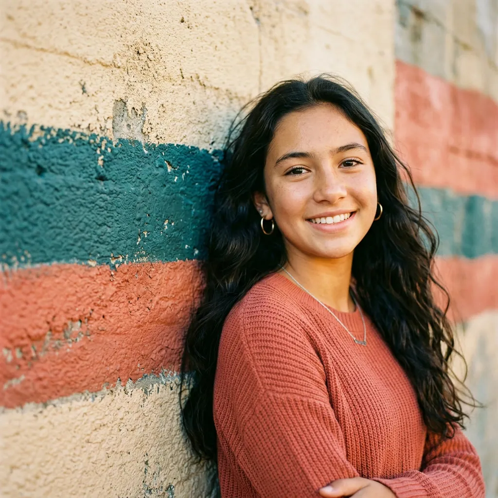Retrato de la quinceañera apoyada en un muro pintado, sonrisa natural
