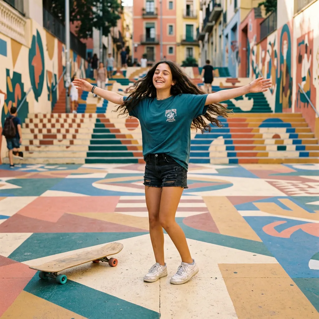 Quinceañera girando con los brazos abiertos en una plaza pintada de colores