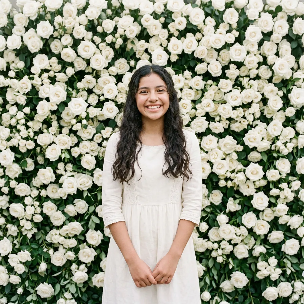 Retrato de la quinceañera con vestido marfil frente a un muro de rosas blancas