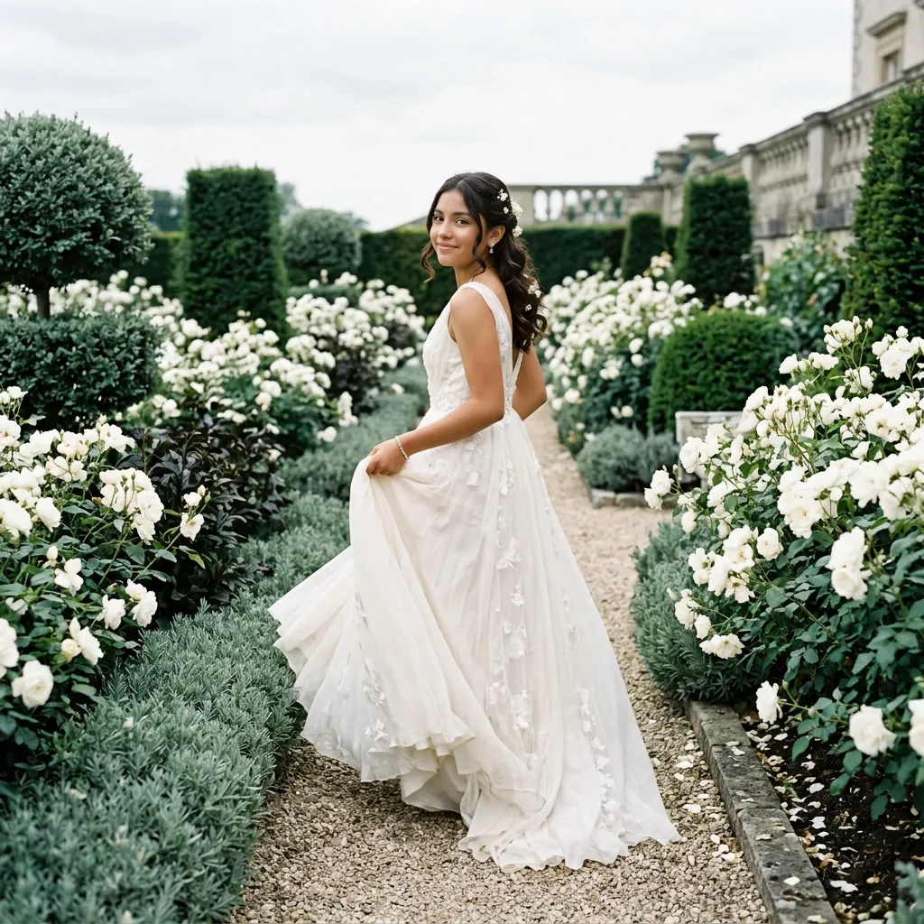 Quinceañera con vestido largo perla caminando por un jardín de rosas blancas
