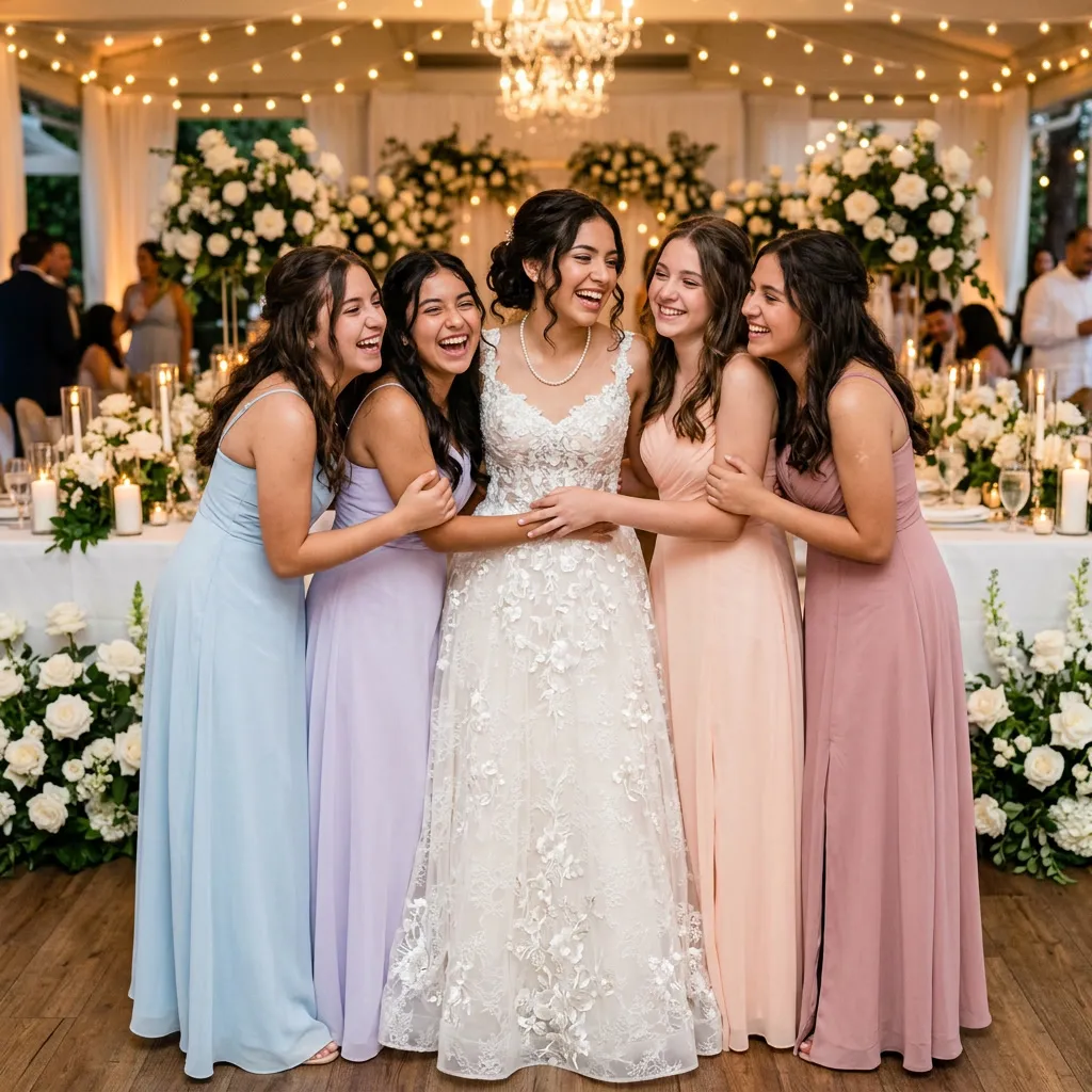 Quinceañera abrazada con sus amigas riendo en una fiesta decorada en blanco