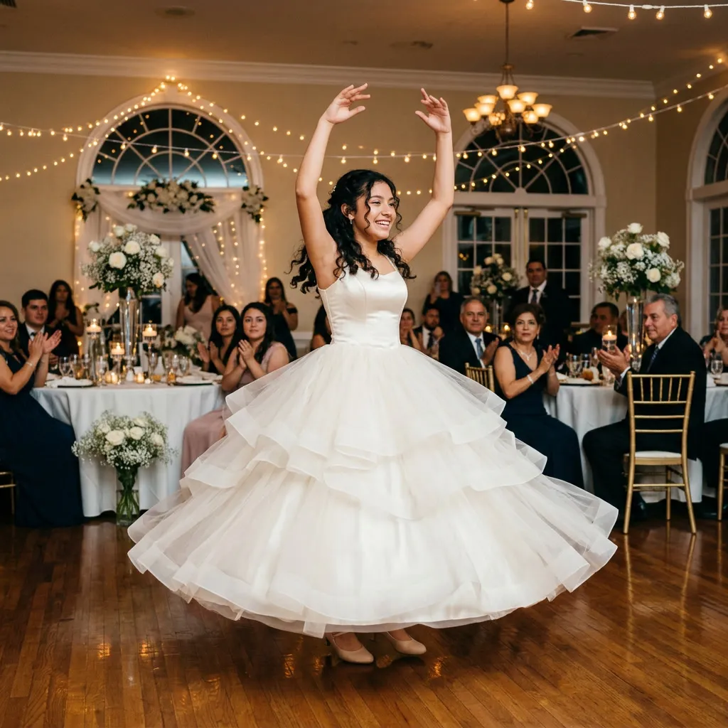 Quinceañera girando con el vestido marfil en la pista bajo guirnaldas de luces