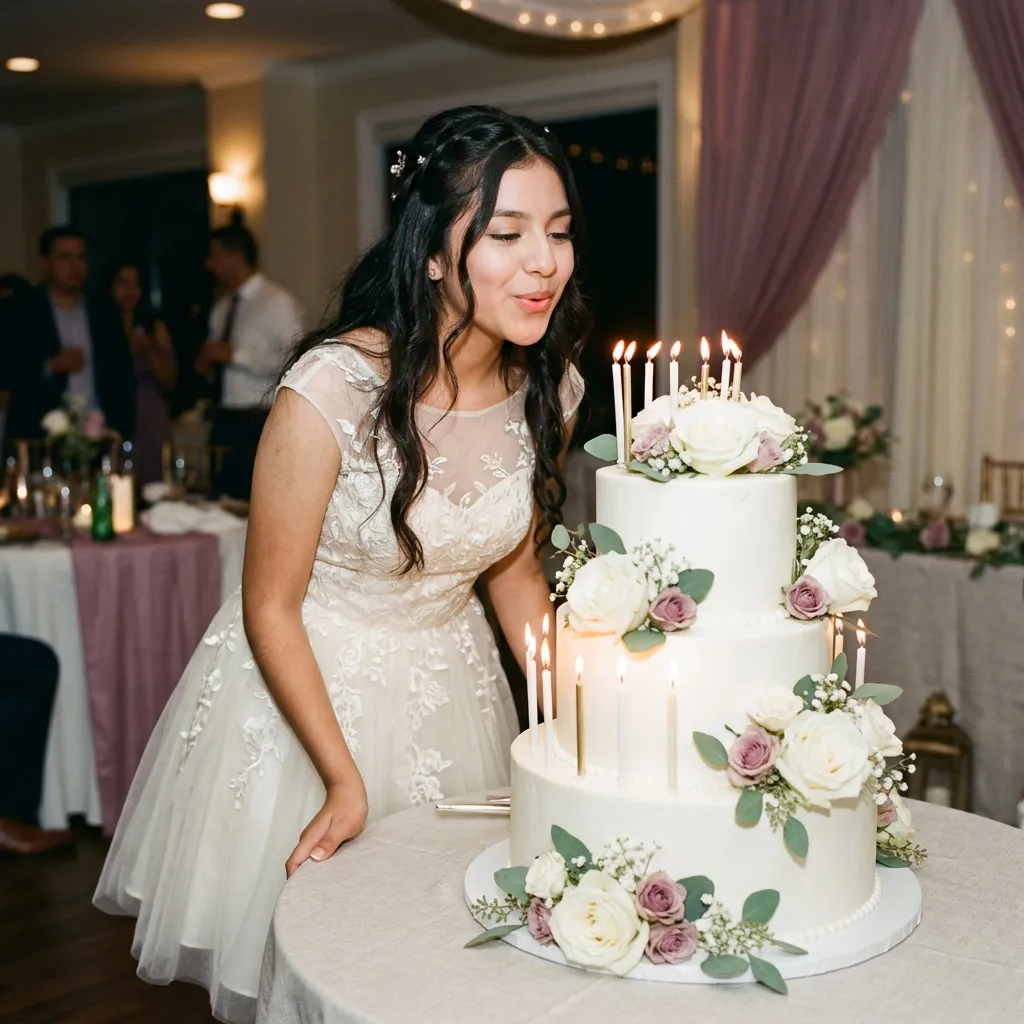 Quinceañera soplando las velas de una torta blanca decorada con rosas