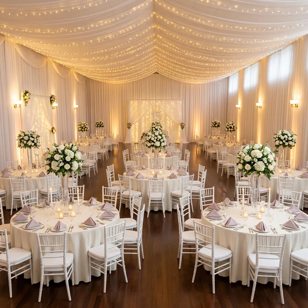 Salón decorado en blanco con rosas, velas y mantelería marfil listo para la fiesta